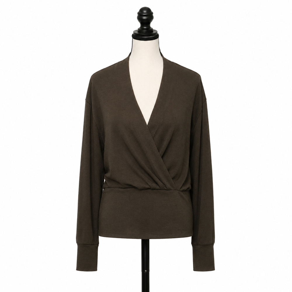 OGL Eco-Mousse Top Womens Size Medium Olive Draped Surplice Long Sleeve NWT